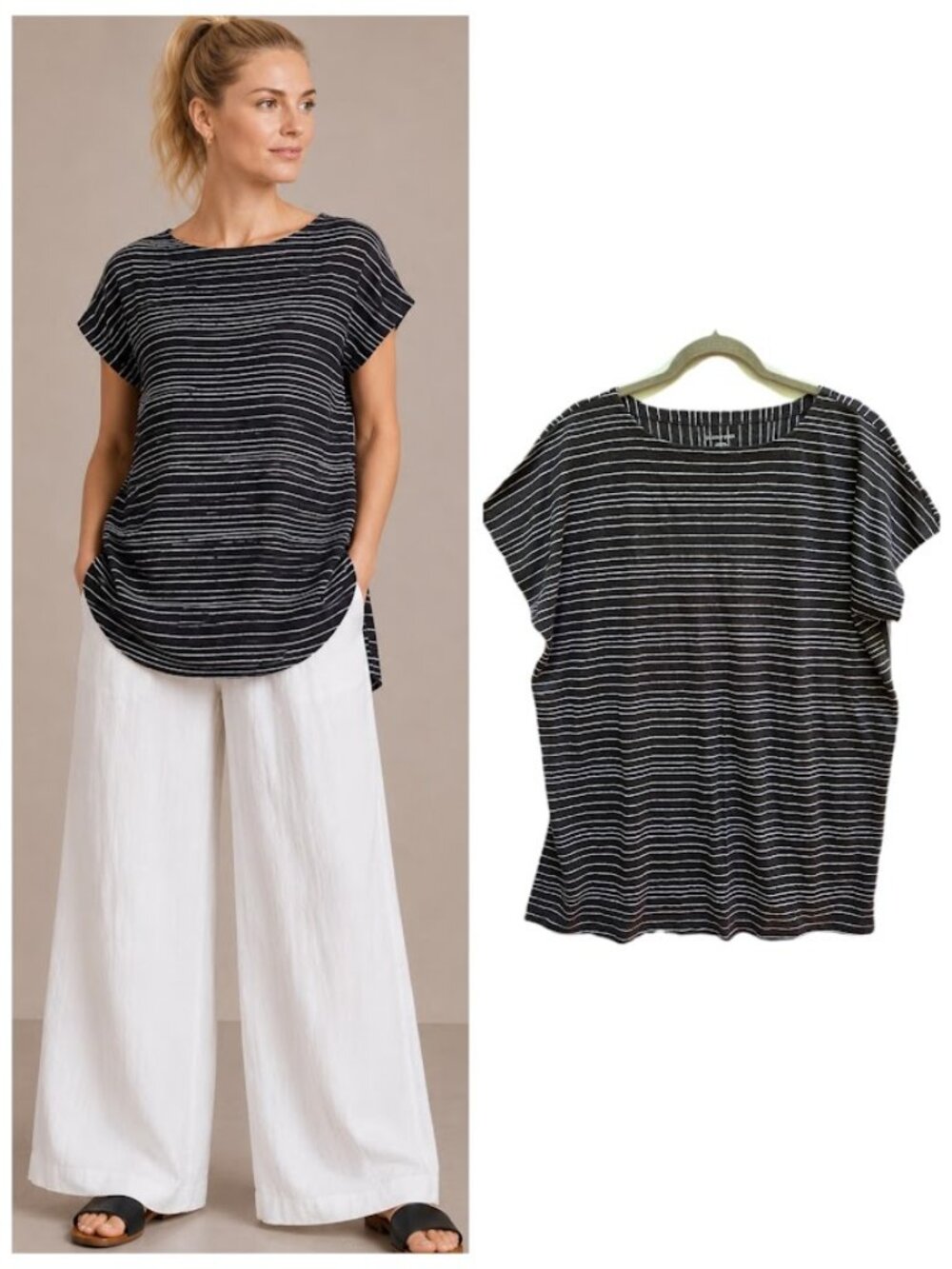 Eileen Fisher 100% Organic Linen Short Sleeve Tunic Top Striped Charcoal White L